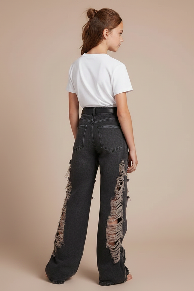 Pantalon Gris Déchiré Ample Cargo Y2K Fille - Jean - vue 2