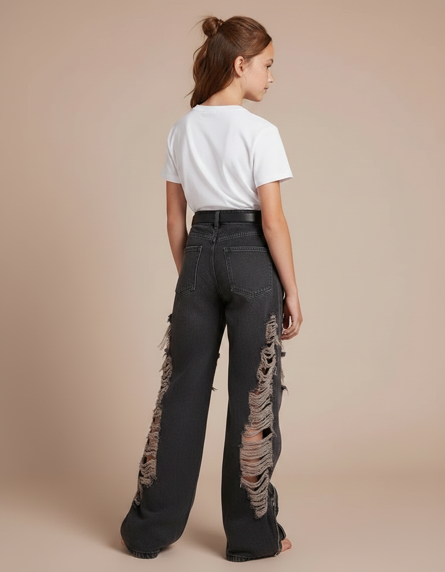 Pantalon Gris Déchiré Ample Cargo Y2K Fille - Jean - vue 2
