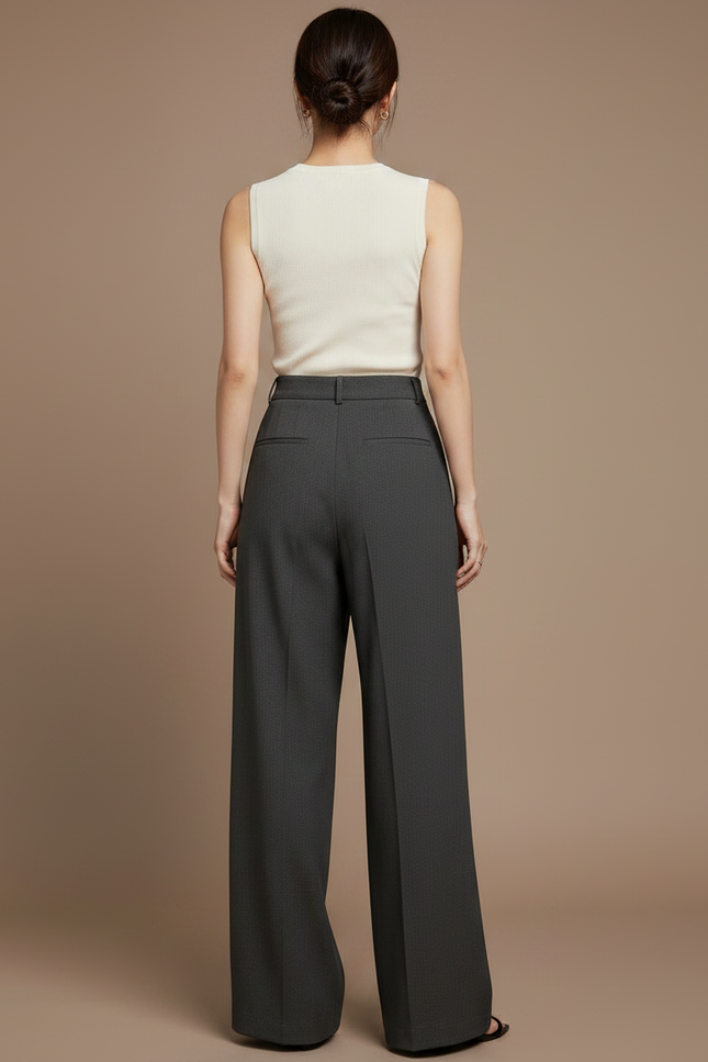 Pantalon Gris Large Taille Haute Élégant Fluide - Gabardine - vue 2