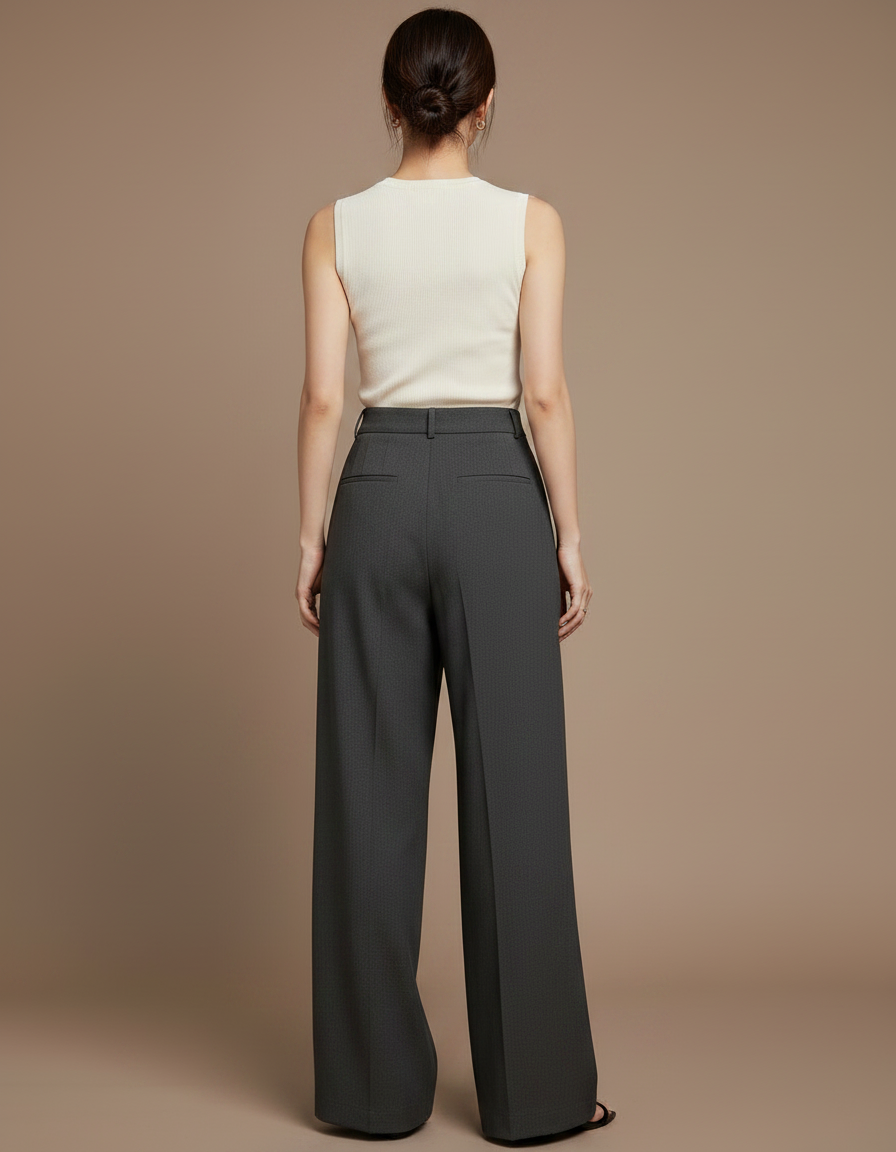 Pantalon Gris Large Taille Haute Élégant Fluide - Gabardine - vue 2