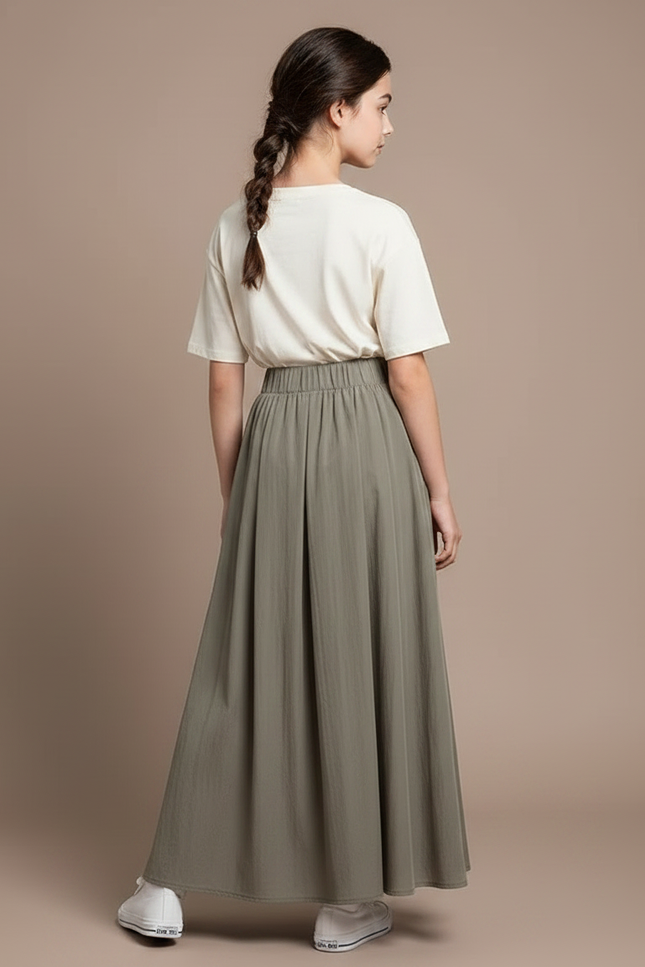 Pantalon Gris Plissé Fluide Long Évasé Fille - Kaki Viscose - vue 2