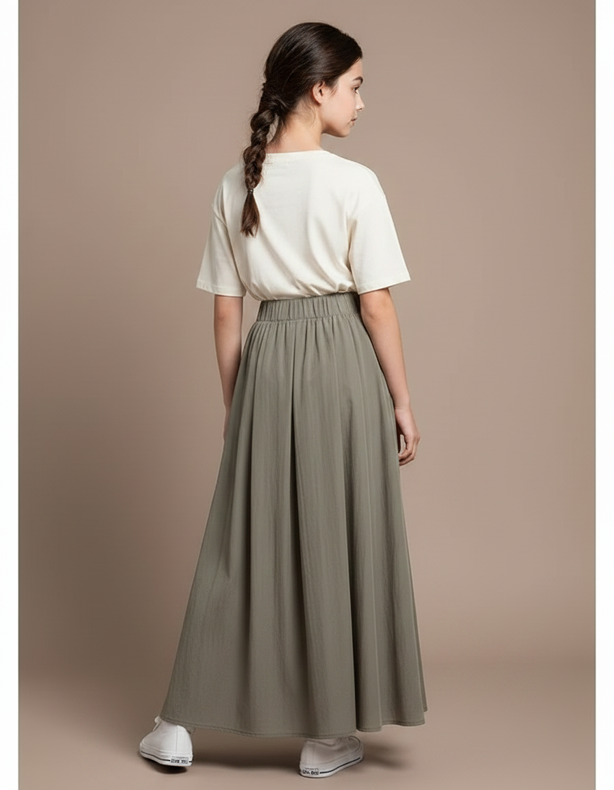 Pantalon Gris Plissé Fluide Long Évasé Fille - Kaki Viscose - vue 2