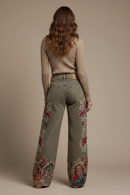 Pantalon Gris Brodé Ample Décontracté Original - Kaki Jean - vue 2