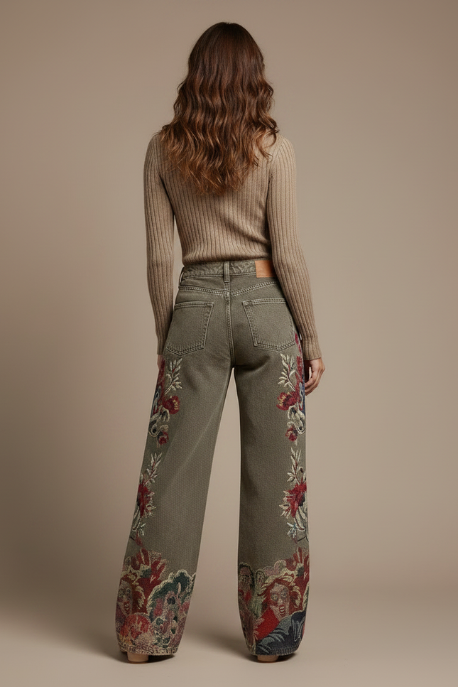 Pantalon Gris Brodé Ample Décontracté Original - Kaki Jean - vue 2