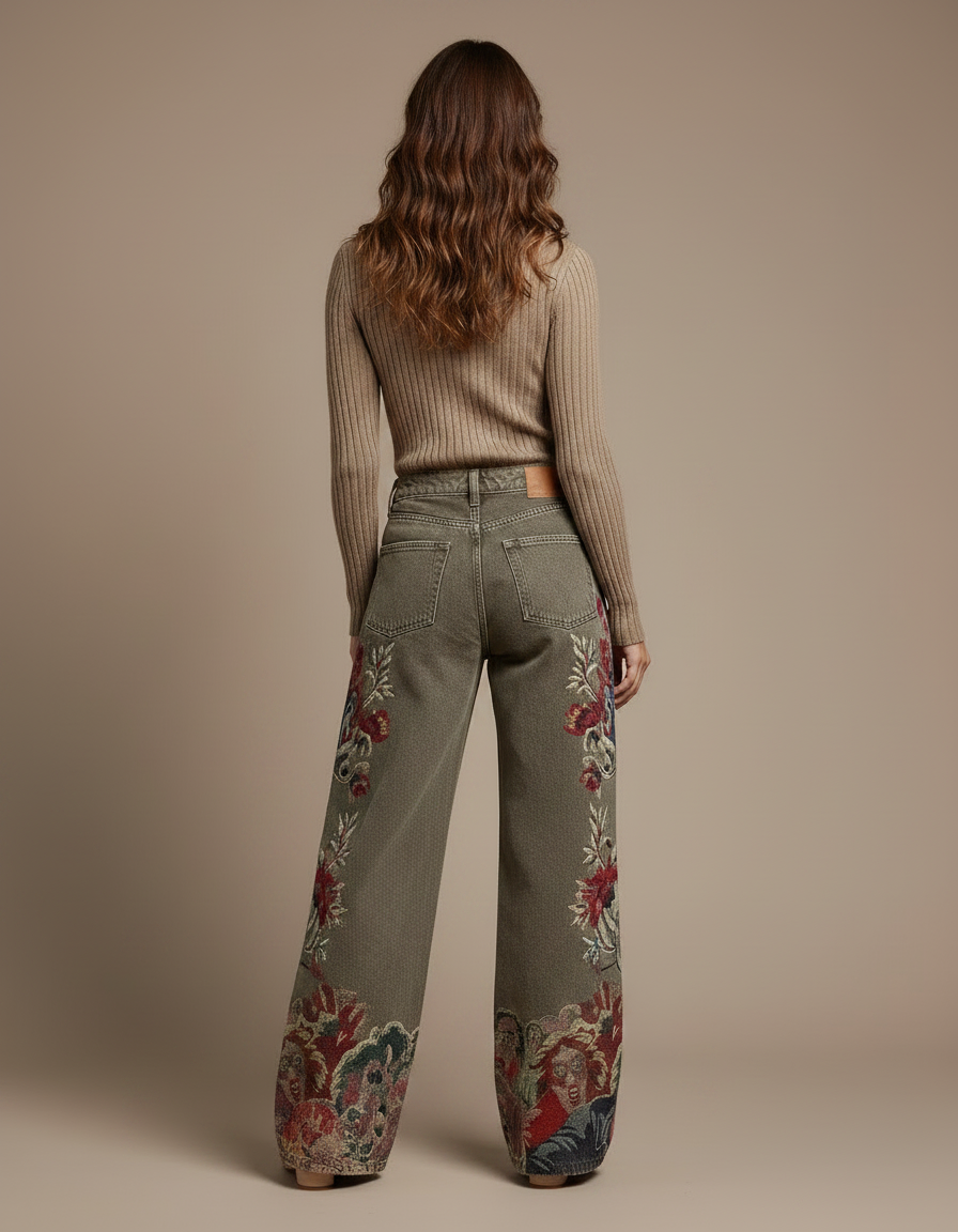 Pantalon Gris Brodé Ample Décontracté Original - Kaki Jean - vue 2