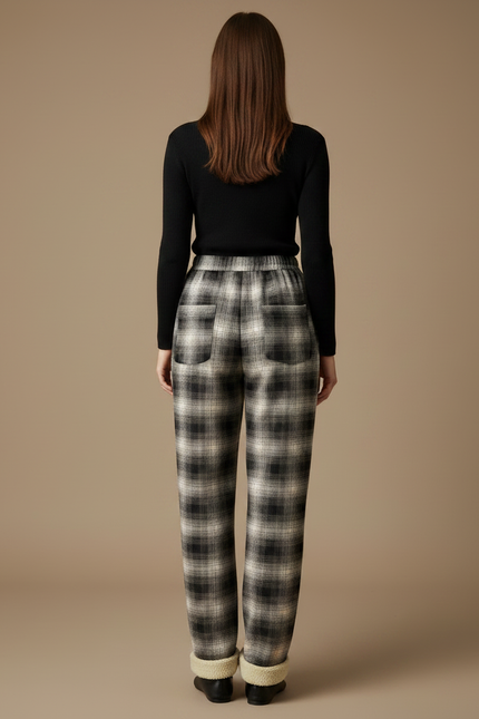 Pantalon Gris Plaid Molletonné Confortable Femme - vue 2