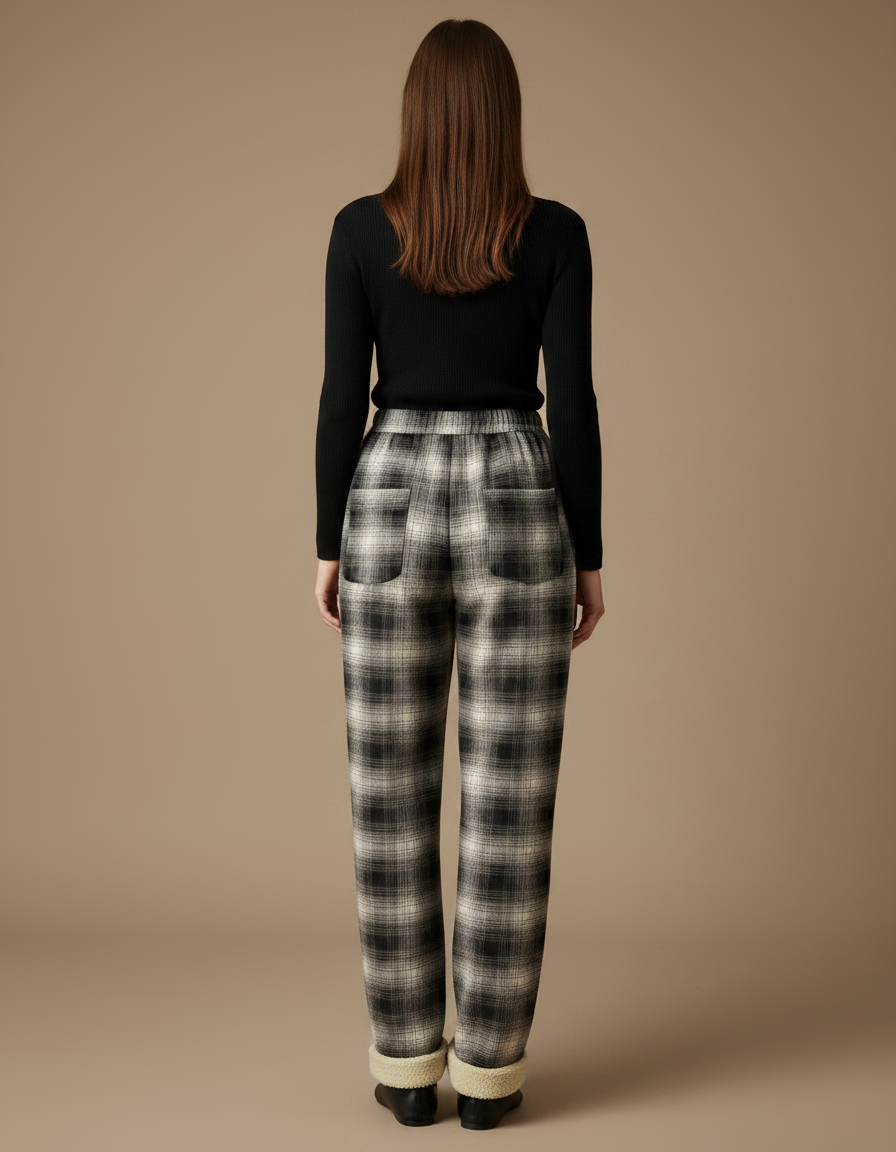 Pantalon Gris Plaid Molletonné Confortable Femme - vue 2