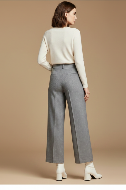 Pantalon Gris Laine Large Taille Haute Élégant Femme - vue 2