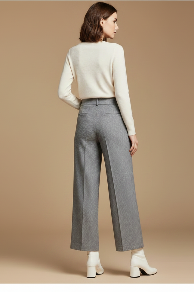 Pantalon Gris Laine Large Taille Haute Élégant Femme - vue 2