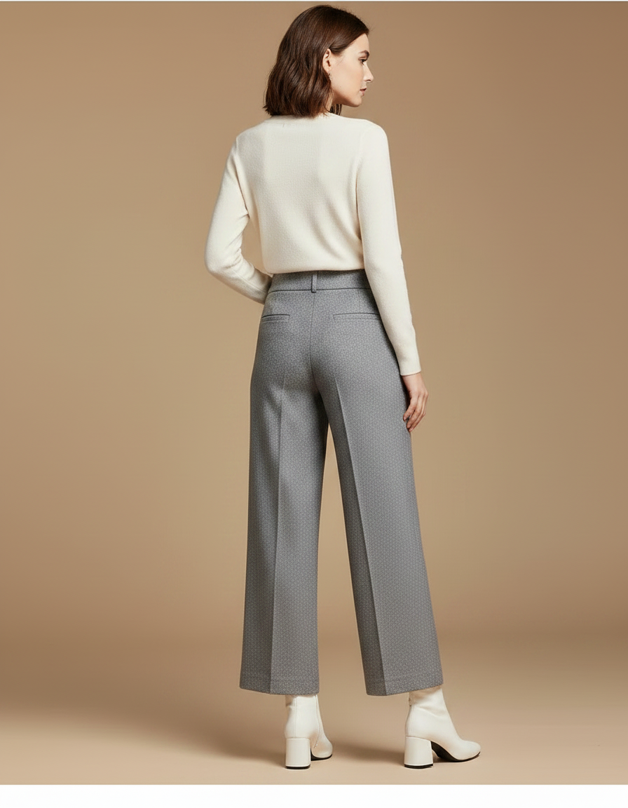Pantalon Gris Laine Large Taille Haute Élégant Femme - vue 2