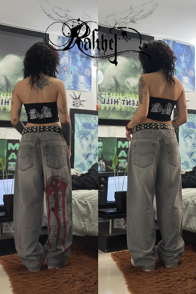 Pantalon Gris Denim Imprimé Graphique Gothique Ample - Jean