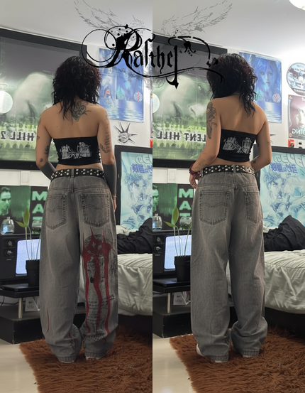 Pantalon Gris Denim Imprimé Graphique Gothique Ample - Jean