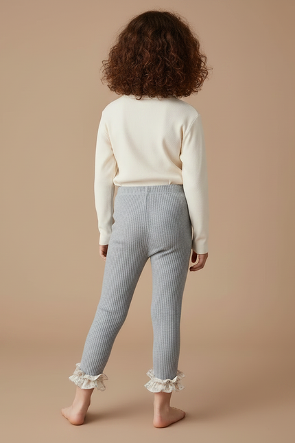 Pantalon Gris Côtelé Volant Fleuri Extensible Enfant - Maille - vue 2