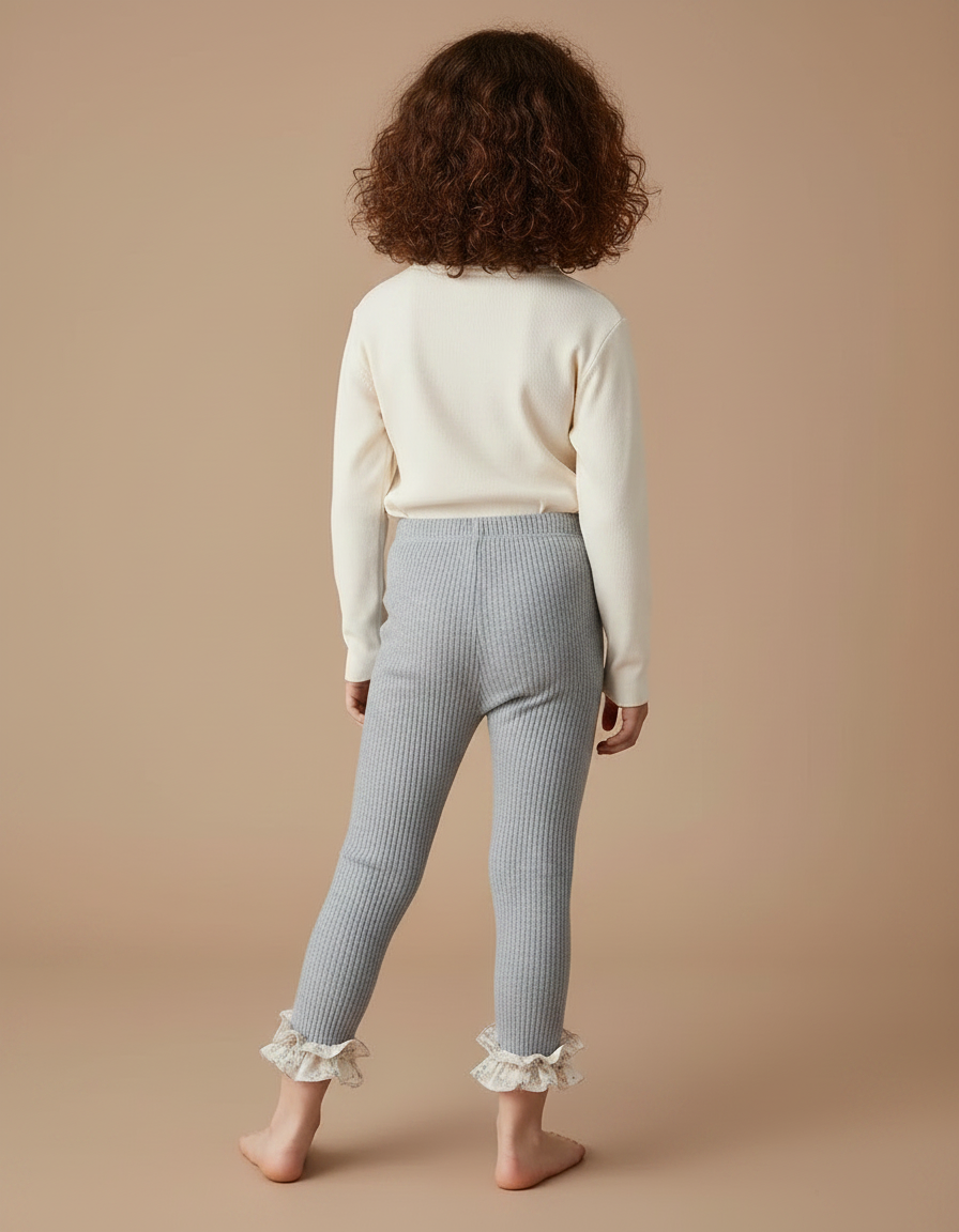 Pantalon Gris Côtelé Volant Fleuri Extensible Enfant - Maille - vue 2