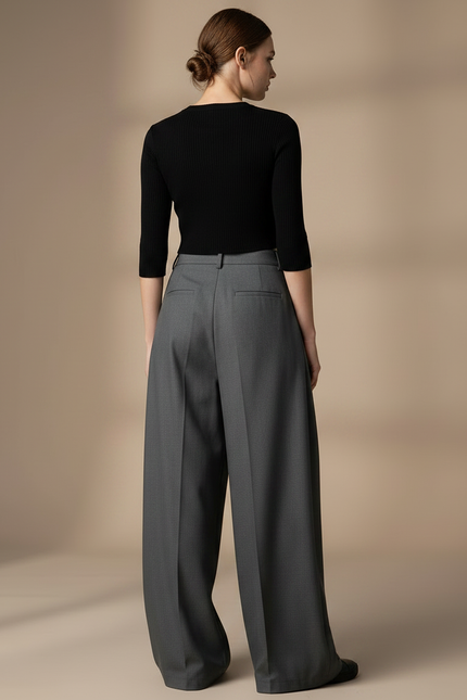 Pantalon Gris Ample Plissé Taille Haute Décontracté - Gabardine - vue 2