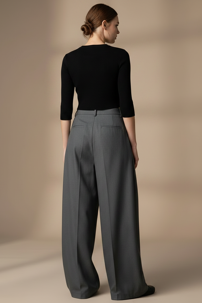 Pantalon Gris Ample Plissé Taille Haute Décontracté - Gabardine - vue 2