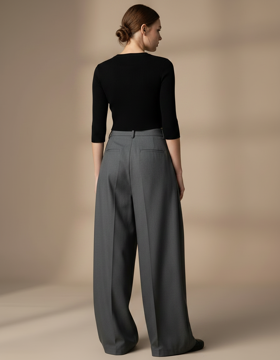 Pantalon Gris Ample Plissé Taille Haute Décontracté - Gabardine - vue 2