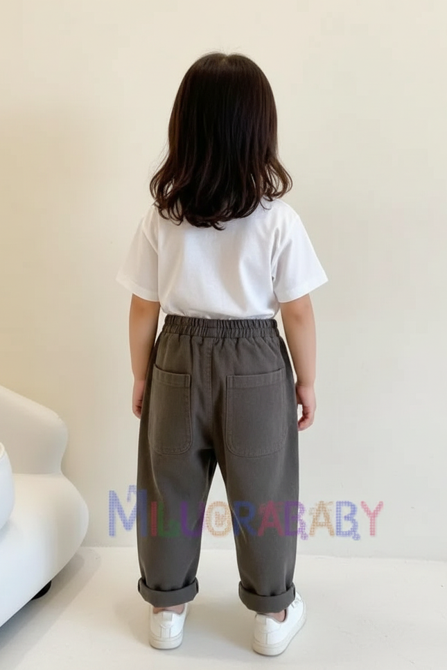 Pantalon Gris Côtelé Enfant Taille Élastique Décontracté - Kaki Cordé