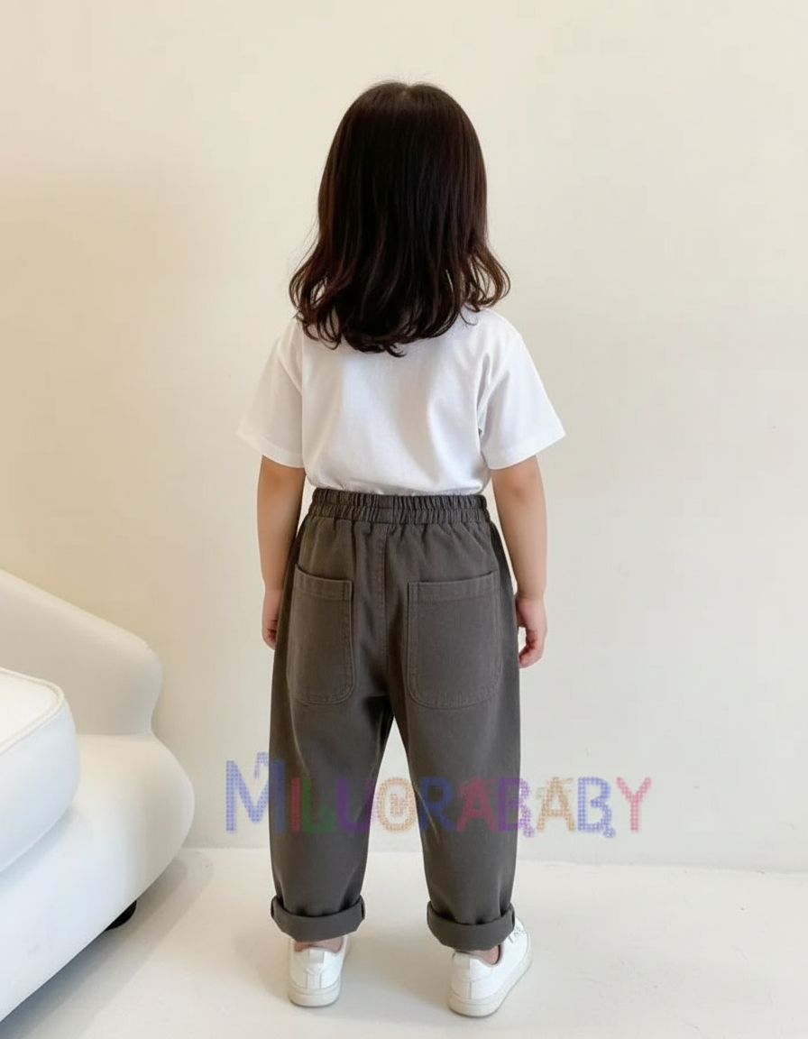 Pantalon Gris Côtelé Enfant Taille Élastique Décontracté - Kaki Cordé