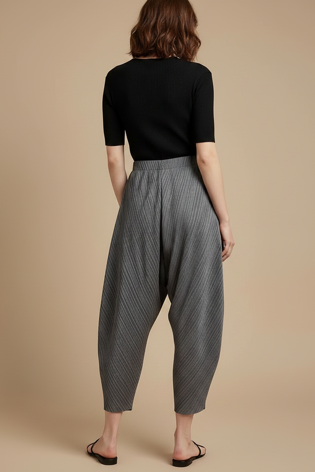 Pantalon Gris Plissé Ample Décontracté Fluide Femme - Polyester - vue 2