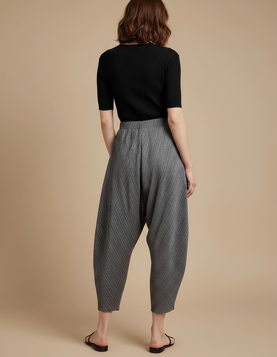 Pantalon Gris Plissé Ample Décontracté Fluide Femme - Polyester - vue 2