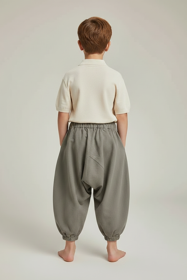 Pantalon Gris Ample Décontracté Enfant Harem Coton - Kaki Molleton - vue 2