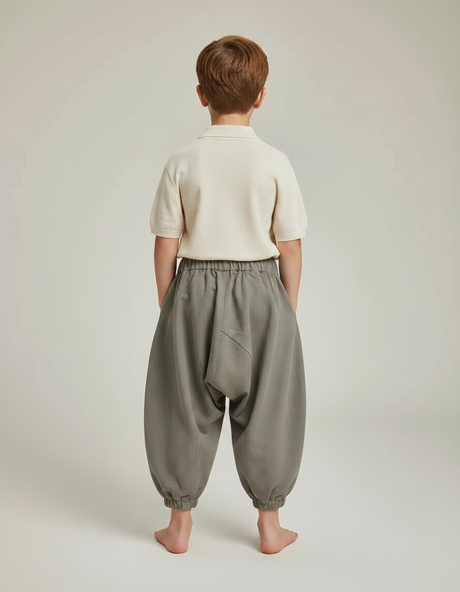 Pantalon Gris Ample Décontracté Enfant Harem Coton - Kaki Molleton - vue 2
