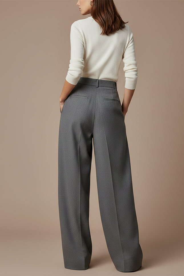 Pantalon Gris Ample Plissé Taille Haute Élégant - Gabardine - vue 2