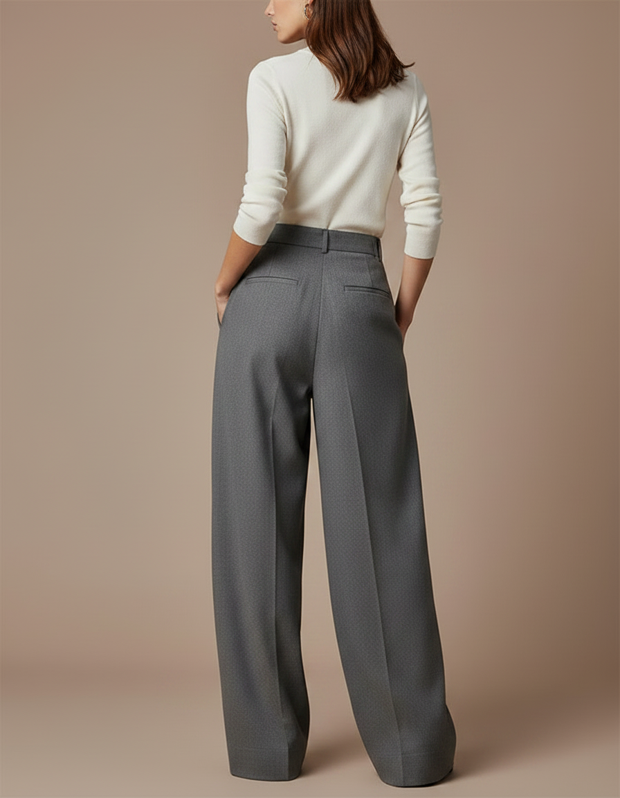 Pantalon Gris Ample Plissé Taille Haute Élégant - Gabardine - vue 2