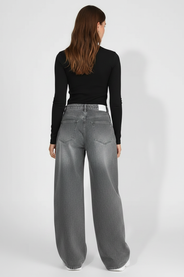 Pantalon Gris Large Décontracté Jean Femme - vue 2