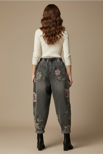 Pantalon Gris Jean Harem Imprimé Floral Décontracté - vue 2