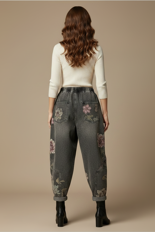 Pantalon Gris Jean Harem Imprimé Floral Décontracté - vue 2