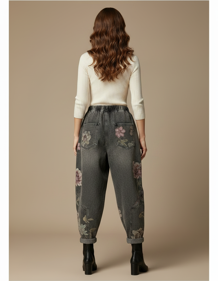 Pantalon Gris Jean Harem Imprimé Floral Décontracté - vue 2
