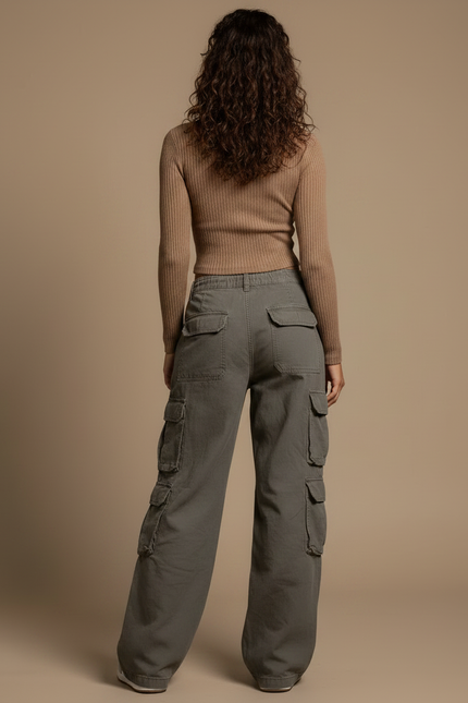 Pantalon Gris Cargo Ample Taille Basse Femme - Kaki Toile - vue 2