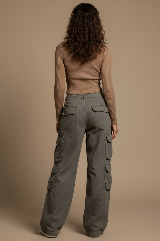 Pantalon Gris Cargo Ample Taille Basse Femme - Kaki Toile - vue 2