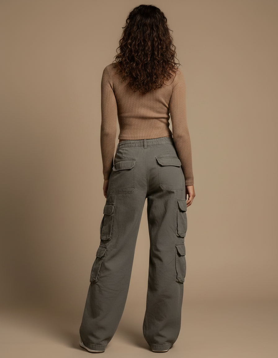 Pantalon Gris Cargo Ample Taille Basse Femme - Kaki Toile - vue 2