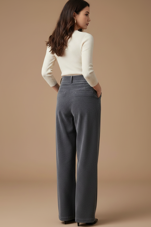 Pantalon Gris Côtelé Large Taille Haute Femme - Cordé - vue 2