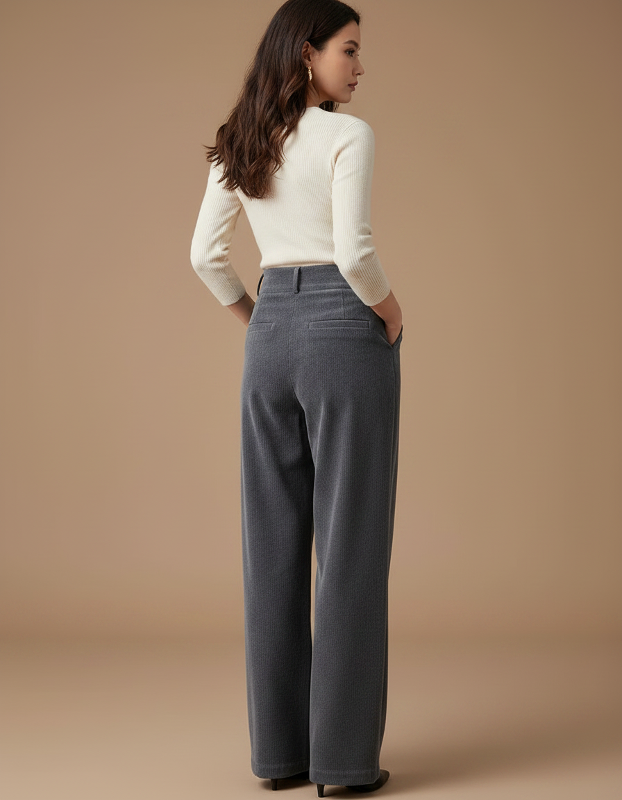 Pantalon Gris Côtelé Large Taille Haute Femme - Cordé - vue 2
