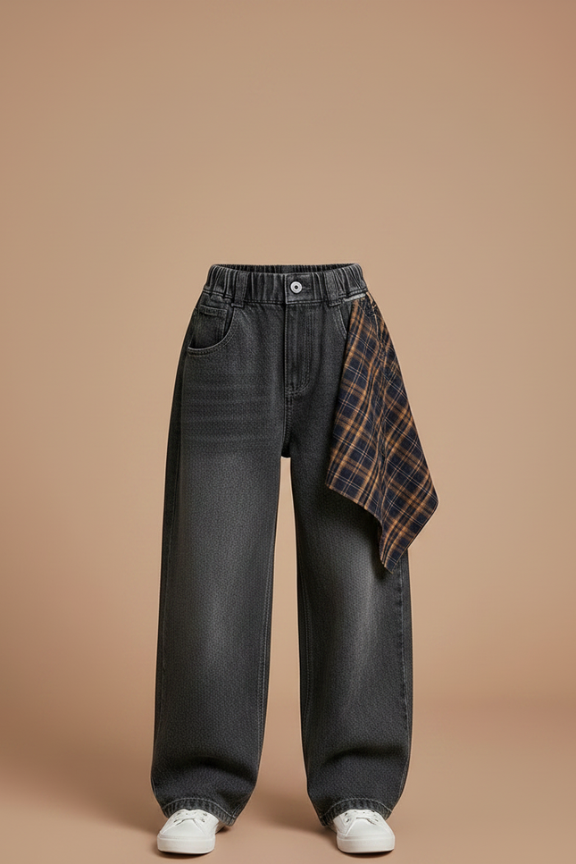 Pantalon Gris Droit Ample Denim Plaid Enfant - Jean - vue 3