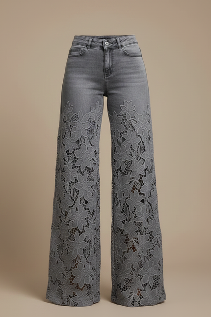Pantalon Gris Jean Large Évasé Dentelle Découpée Femme - vue 3