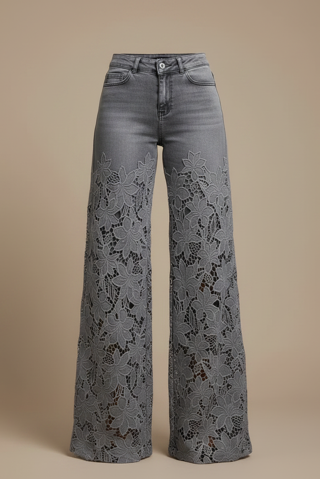 Pantalon Gris Jean Large Évasé Dentelle Découpée Femme - vue 3