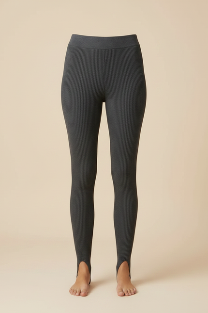Pantalon Gris Côtelé Taille Haute À Étrier Pour Femme - Maille - vue 3