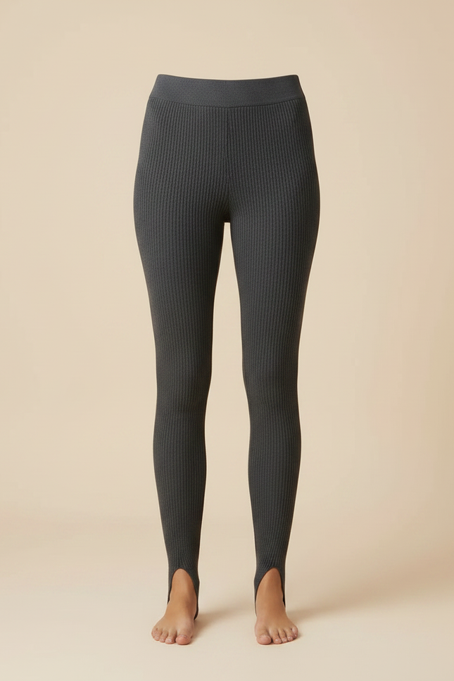 Pantalon Gris Côtelé Taille Haute À Étrier Pour Femme - Maille - vue 3