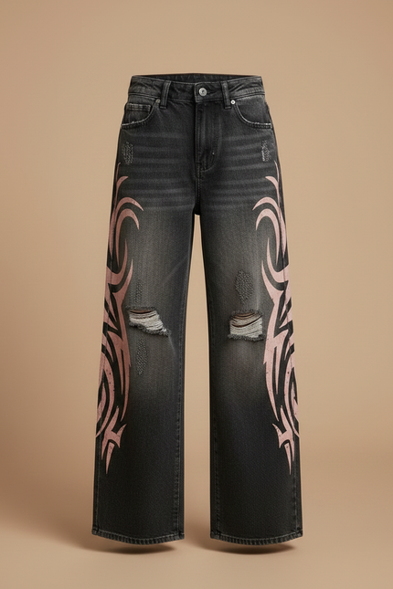 Pantalon Gris Tribal Large Déchiré Unisexe Streetwear - Jean - vue 3