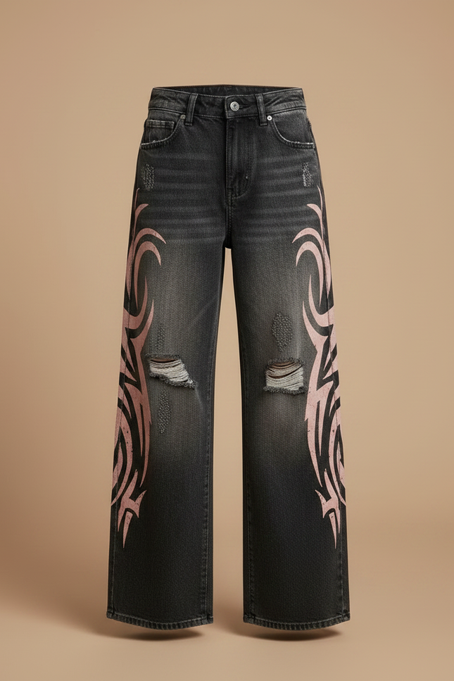 Pantalon Gris Tribal Large Déchiré Unisexe Streetwear - Jean - vue 3