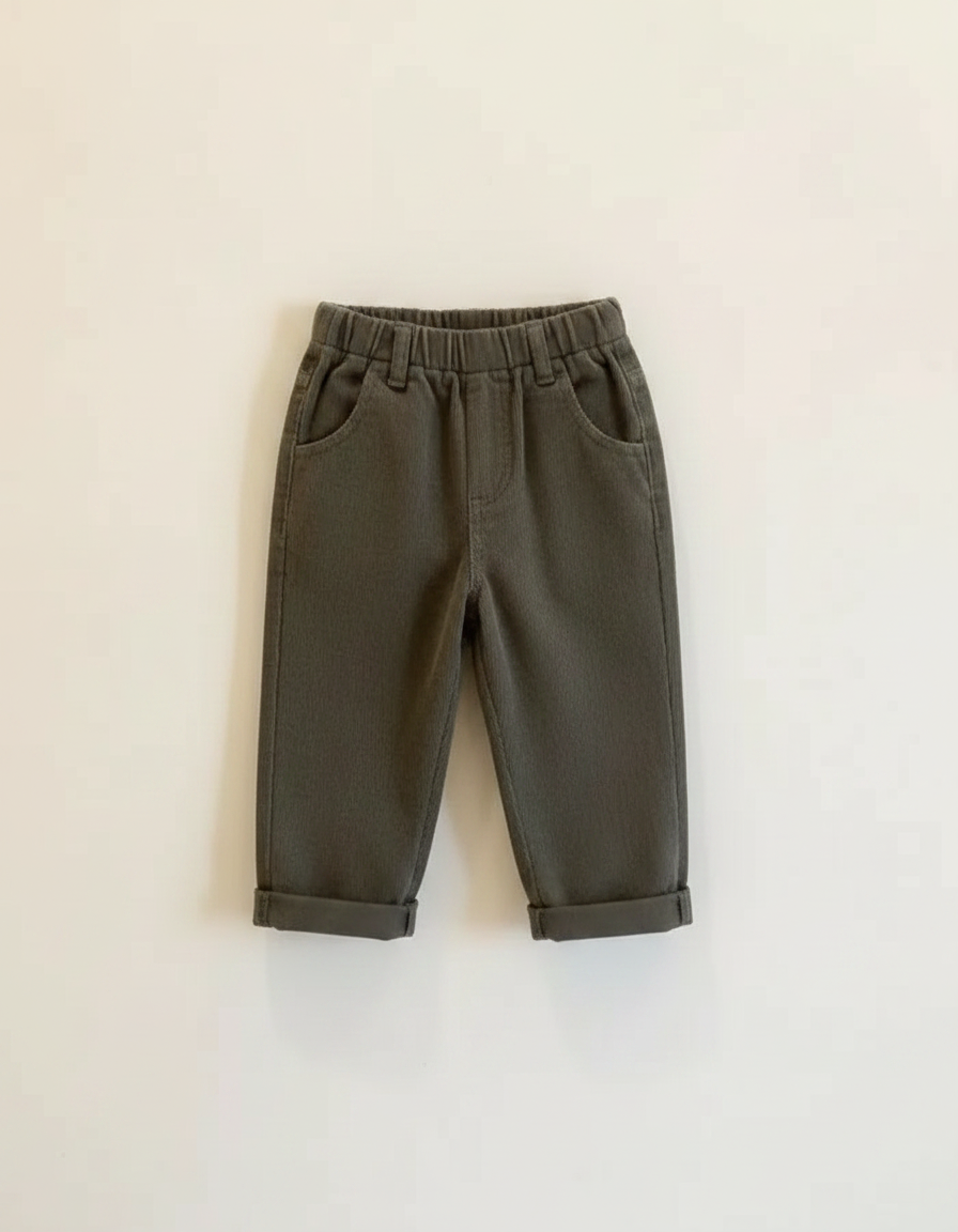 Pantalon Gris Côtelé Enfant Taille Élastique Décontracté - Kaki Cordé - vue 2