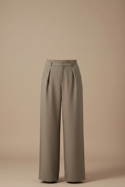 Pantalon Gris Ample Taille Haute Ceinturé Droit - Kaki Polyester - vue 3