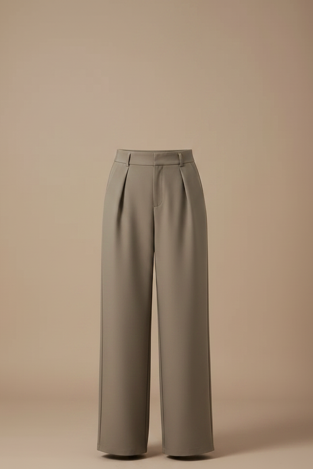 Pantalon Gris Ample Taille Haute Ceinturé Droit - Kaki Polyester - vue 3