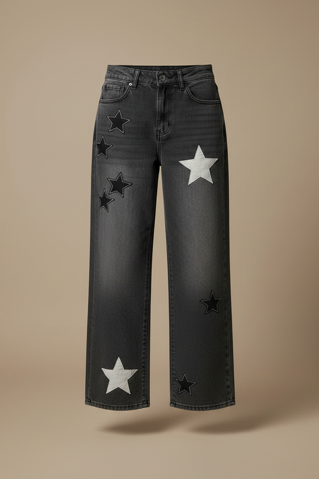 Pantalon Gris Jeans Étoiles Ample Taille Haute Femme - vue 3