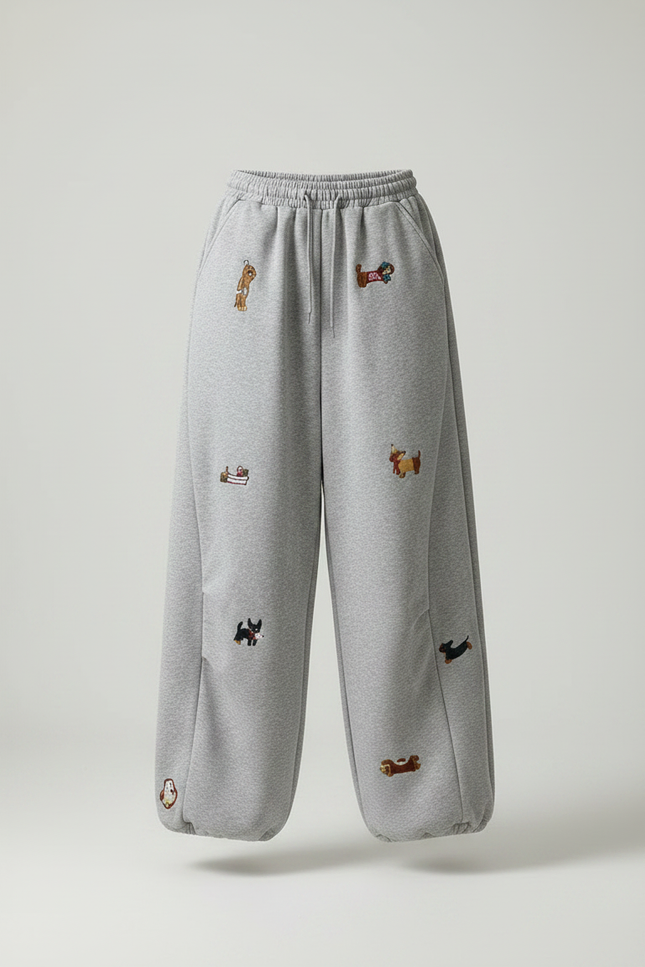 Pantalon Gris Ample Brodé Décontracté Confortable Femme - Molleton - vue 3